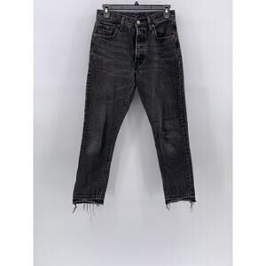 LEVI'S Women's Washed Black Distressed Button-Fly Denim Tapered-Leg Jeans SZ 25